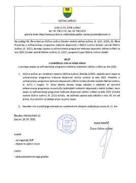 SKLEP O PODALJŠANJU ROKA ZA IZDAJO SKLEPA IZ JR KULTURA 2022 ŠT. 410-63/2022-22